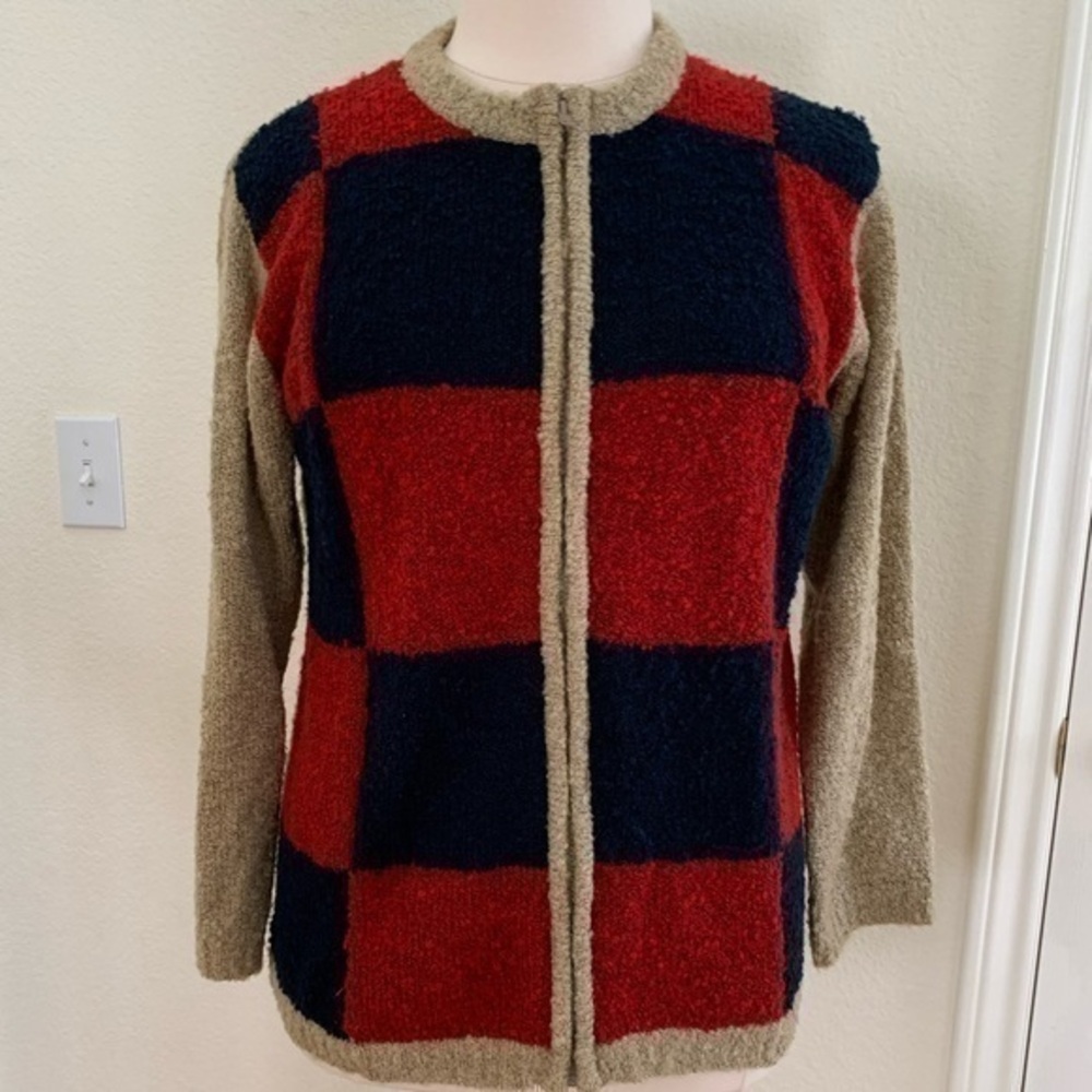 Bobbie Brooks 14w-16w Tan, deep red and navy, full-zip, very soft texture cardi.